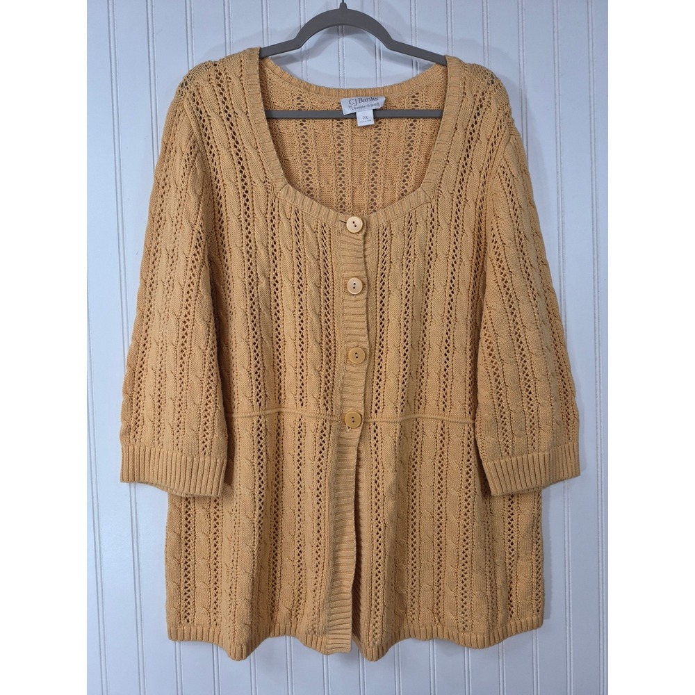 CJ Banks Womens Mustard Yellow Cotton Cable Knit Cardigan 3/4 Sleeve Plus 2XL